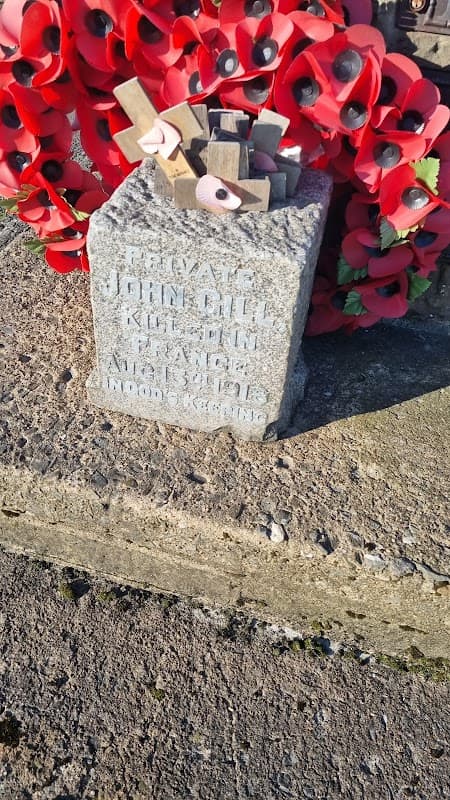Stone memorial with engraved text surrounded by red poppies and wooden crosses on a nature trail.