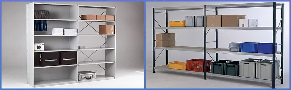Two shelving units displaying various storage boxes, crates, and organizational items in a clean, minimalist setting.