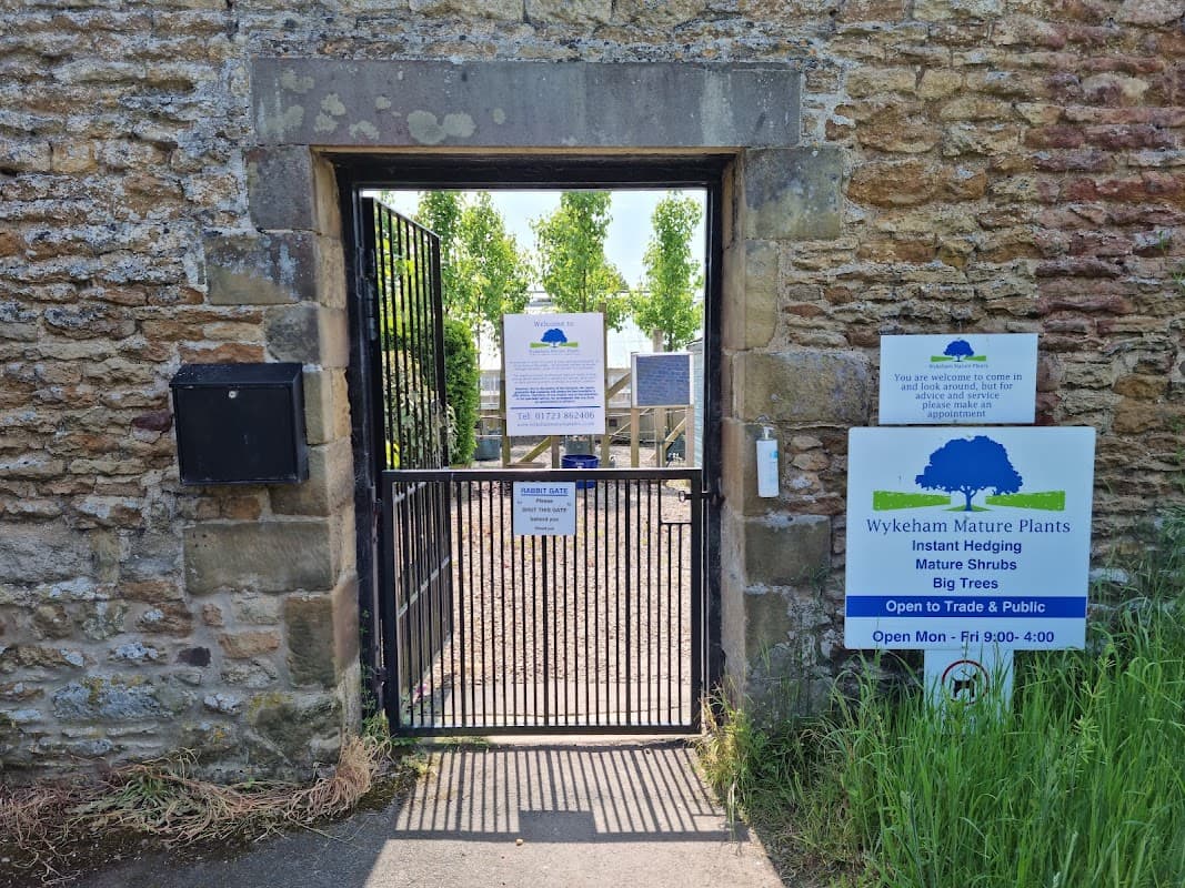 Entrance gate to Wykeham Mature Plants with signs about services and business hours, surrounded by stone walls and greenery.