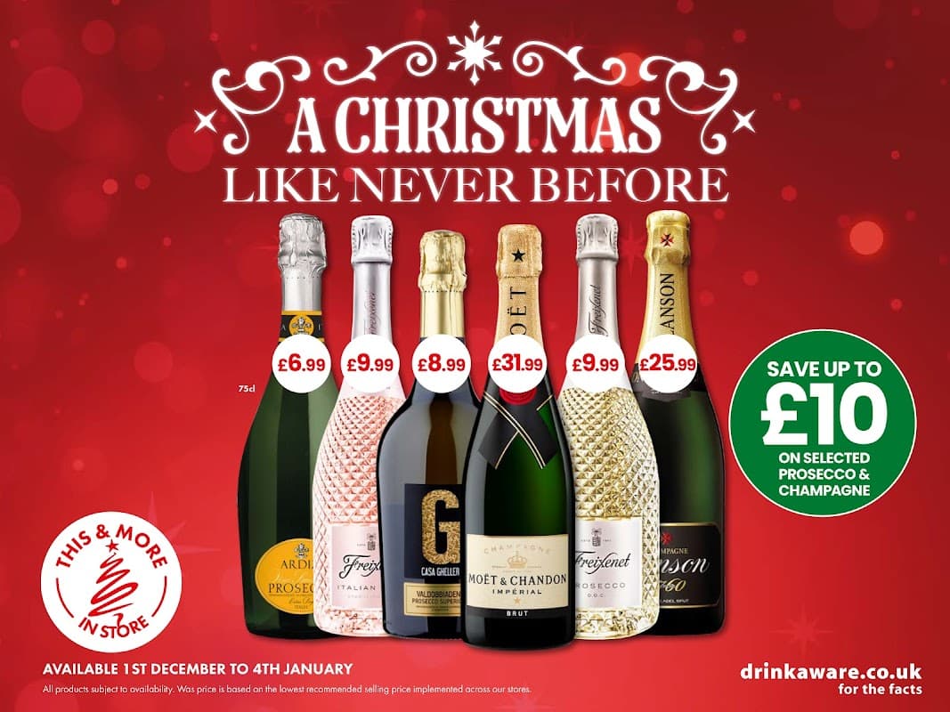 Christmas-themed promotional poster featuring various sparkling wines and champagnes with prices and savings highlighted.