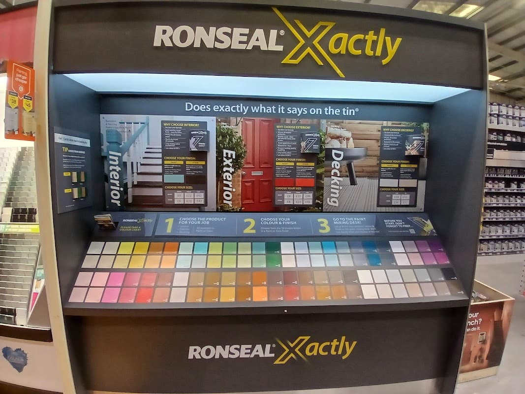 Color display featuring Ronseal Xactly paint samples for interior, exterior, and decking applications at B&Q York.
