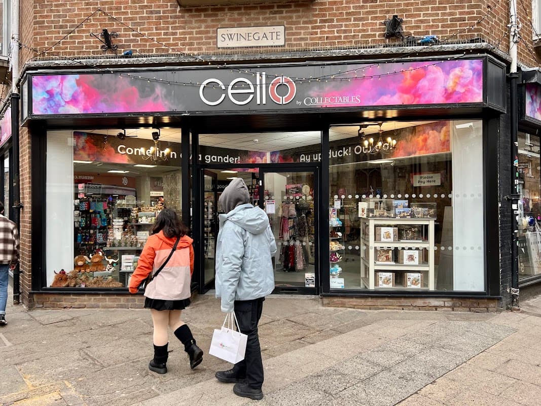 Colorful storefront of Cello by Collectables in York, featuring a variety of gifts and a welcoming entrance.