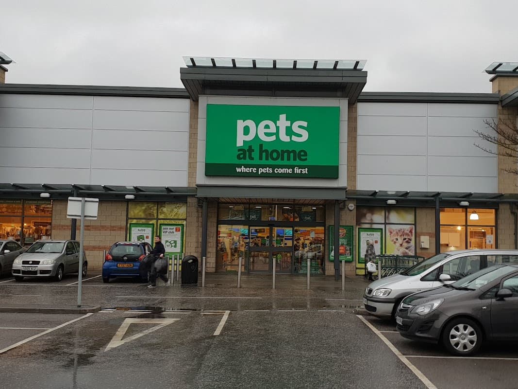 Storefront of Pets at Home with large green sign, glass entrance, and parking lot filled with cars on a rainy day.
