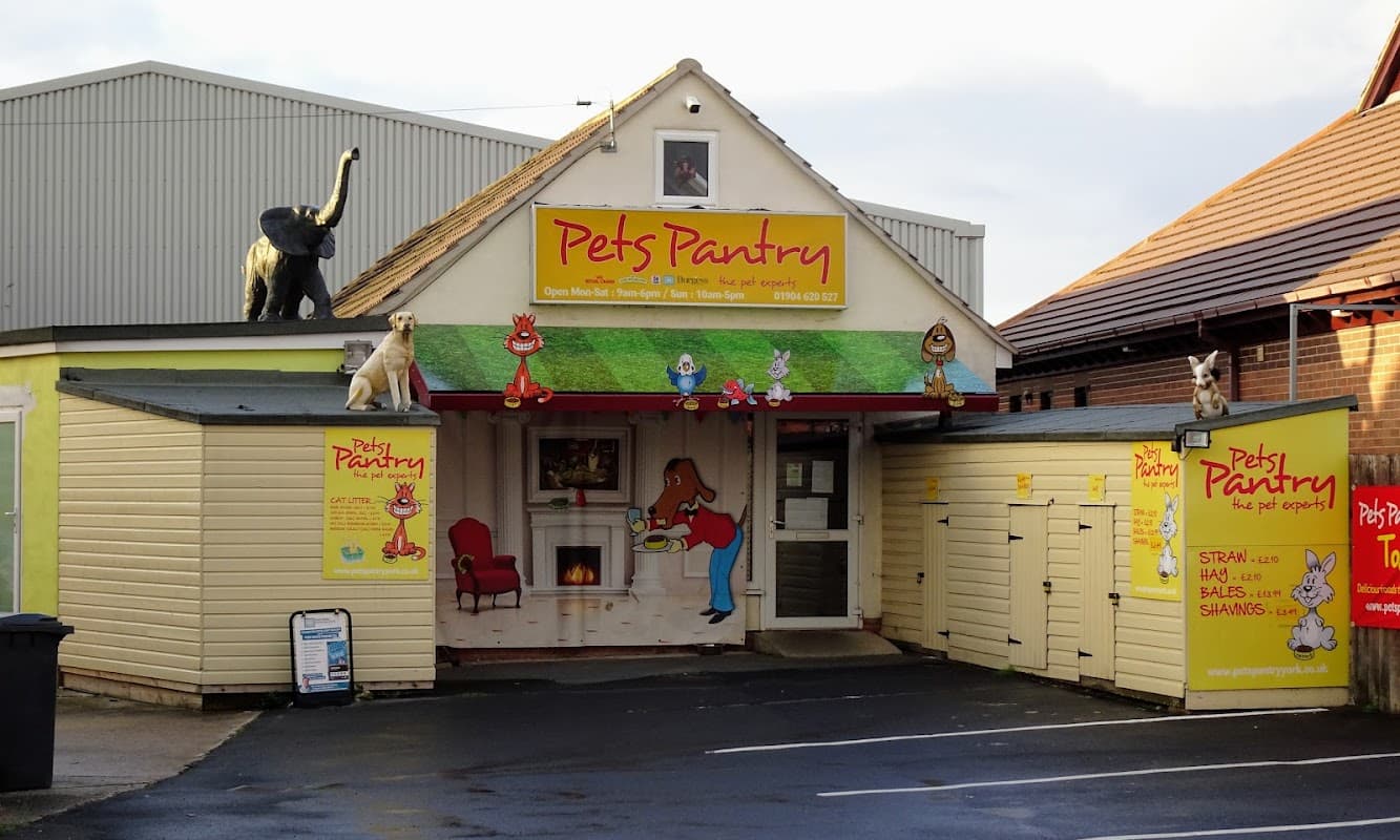 Colorful storefront of Pets Pantry with pet-themed decorations and signage, featuring animals and bright colors.