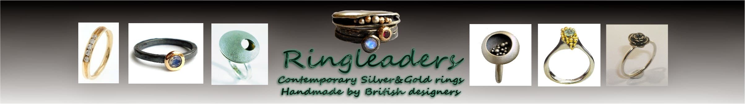 Contemporary silver and gold rings displayed in a gallery setting, featuring unique handmade designs.