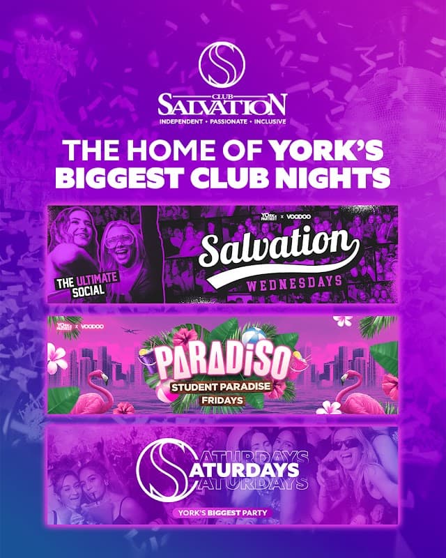 Colorful promotional poster for Club Salvation in York, featuring vibrant graphics and event names for various club nights.