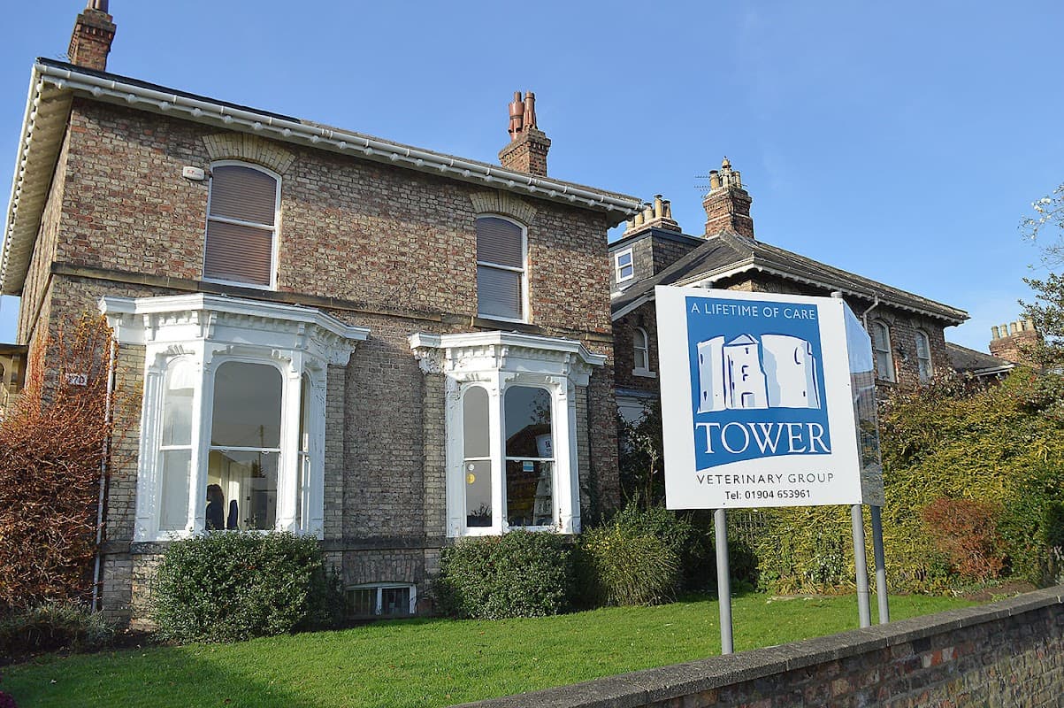 Brick building with large windows and a sign for Tower Veterinary Group. Lush greenery surrounds the entrance.