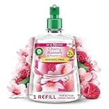 Air Wick Cherry Blossom & Raspberry spray refill, clear bottle with pink label, surrounded by flowers and raspberries.