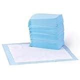 Blue Amazon Basics dog training pads, stack of 50, with white absorbent center and blue border, quick-dry surface.