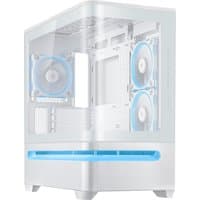 White ASUS PRIME AP202 ARGB Midi Tower with transparent side panel, blue LED fans, and sleek modern design.