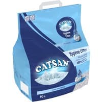 Catsan Hygiene Cat Litter 10L, blue bag with white logo, image of litter granules, handle on top.