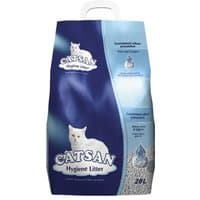 Catsan Hygiene Cat Litter 20L bag, blue and white with cat image and handle on top.