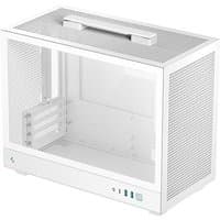 White DeepCool CH160 PLUS WH SFF case with mesh panels, transparent side, and front USB ports.