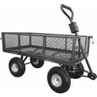 Black Handy THLGT garden trolley with mesh sides, large wheels, and a padded handle.