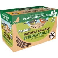 Green and brown Peckish Natural Balance Energy Balls box, featuring bird images and "50 Balls" text.
