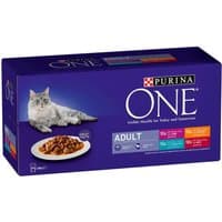 Purina One Adult Cat Food box, purple with a cat image and a bowl of food, 40x85g pouches.