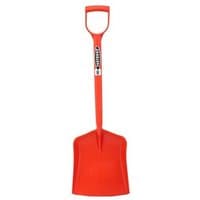 Red Gorilla plastic shovel, bright red with a D-shaped handle and wide, flat blade.