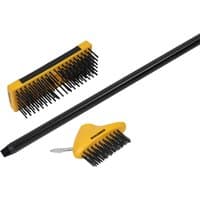 Roughneck Patio and Decking Brush Set with black bristles, yellow heads, and a long black handle.