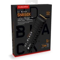 Black SanDisk WD_BLACK SN850X NVMe SSD with heatsink, 1TB capacity, PCIe Gen4, in branded packaging.