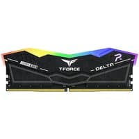 Black Team Group DELTA RGB DDR5 Memory with colorful LED strip and angular design, 32 GB (2 x 16 GB) modules.