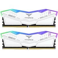 White Team Group DELTA RGB DDR5 memory, 32 GB, 2 x 16 GB, with colorful LED accents and sleek design.