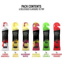 Torq GEL Sampling Pack with 6 colorful gel sachets in flavors like cherry, lemon, raspberry, rhubarb, apple, and strawberry.