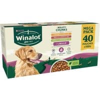 Winalot Adult Meaty Chunks CIJ 40x100g box with dog image, green and purple accents, labeled "Mega Pack."