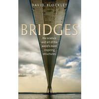 "Bridges book cover with a dramatic underside view of a bridge against a cloudy sky, by David Blockley"