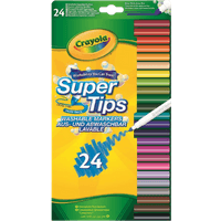 Crayola Super Tips 24-pack with colorful markers in a green box, featuring a white marker illustration and vibrant color swatches.