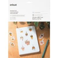 Cricut Joy Xtra Printable Vinyl, silver sheets, 30-pack, with plant sticker designs and a green pen on a wooden surface.