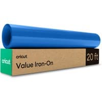 Cricut Value Iron-On Removable Blue Matte roll on brown box, 20 ft length, vibrant blue color.