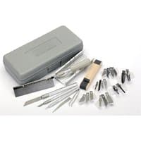 Gray Draper Modellers Tool Set with 29 pieces, including knives, blades, tweezers, and a plastic storage case.