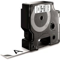 Black Dymo label cassette with visible white tape, marked "Black on White," size 19mm, compact and rectangular design.