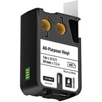 Black Dymo DirectLabel cartridge with white label, 24mm x 7m, gold spools, and green chip.