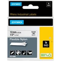 DYMO IND Flexible Nylon label tape, 12mm x 3.5m, black on white, in a gray and yellow package.