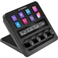 Black Elgato Stream Deck with 8 customizable buttons, angled stand, and four control dials below a digital display.