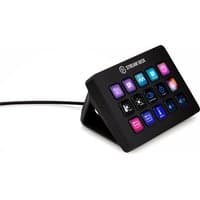Black Elgato Stream Deck MK.2 with 15 customizable LED buttons on a tilted stand, connected by a cable.