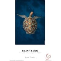 Hahnemühle FineArt Baryta paper with a turtle illustration, blue background, and red rooster logo at the bottom.