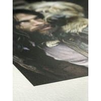 Hahnemühle Agave Art paper with textured surface, featuring a printed image of a man and dog in muted colors.