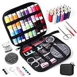 Black JUNING travel sewing kit with colorful threads, scissors, tape measure, seam ripper, and accessories in a zippered case.