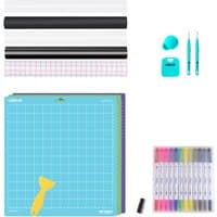 Loklik heat transfer vinyl set with black, white, and grid rolls, blue cutting mat, tools, and colorful markers.