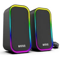 Black Marvo SG-285 Havoc20 wired speakers with colorful LED trim and Marvo logo on front.