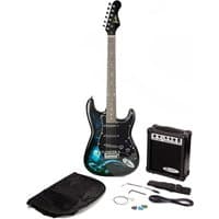 Black electric guitar with cosmic design, amplifier, gig bag, strap, picks, and accessories.