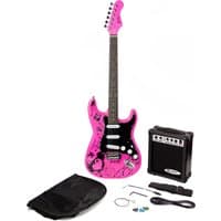 Pink electric guitar with punk graphics, black pickguard, amp, strap, picks, and gig bag.