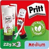 Pritt Glue Stick pack of 3, red and white tubes with smiling character, 22g, labeled 97% natural, 100% strong.