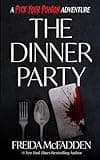 "The Dinner Party" book cover with fork, spoon, and blood-splattered knife on black background.