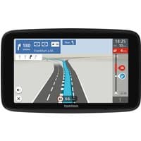 Black TomTom GO Classic navigator with 7" touchscreen displaying a road map and navigation interface.
