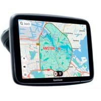 TomTom GO Superior 7" GPS with black frame, touchscreen display showing a city map with search bar.