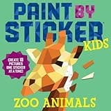 Paint by Sticker Kids book, colorful geometric giraffe, bold text "Zoo Animals," includes 10 sticker projects.