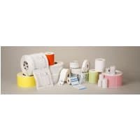 Assorted Zebra label rolls in various sizes and colors, including white, yellow, pink, and orange.